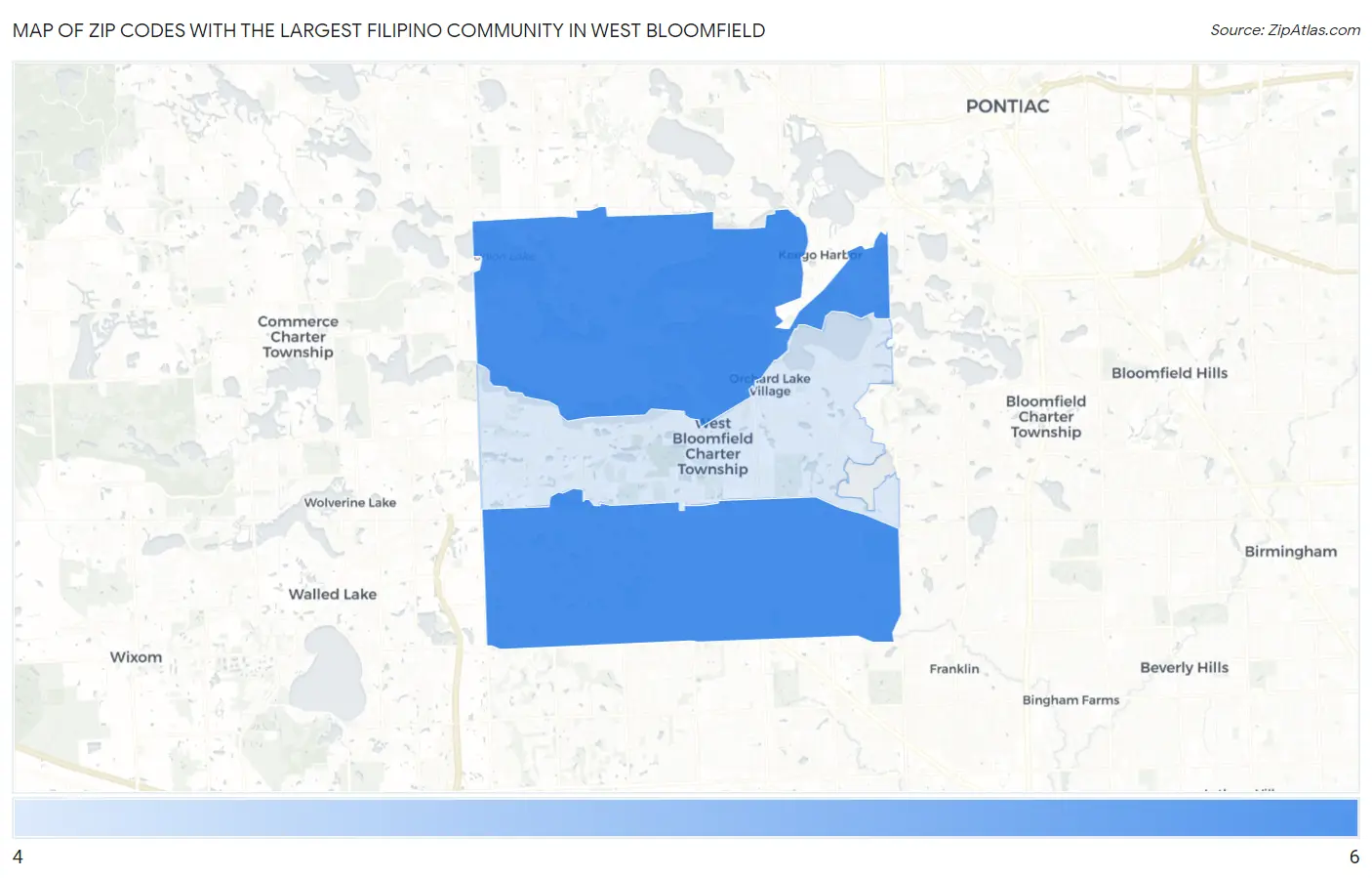 Zip Codes with the Largest Filipino Community in West Bloomfield Map