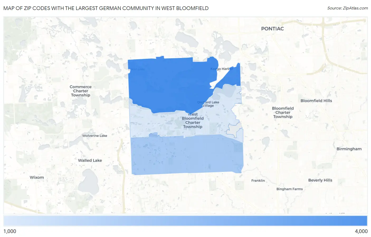Zip Codes with the Largest German Community in West Bloomfield Map
