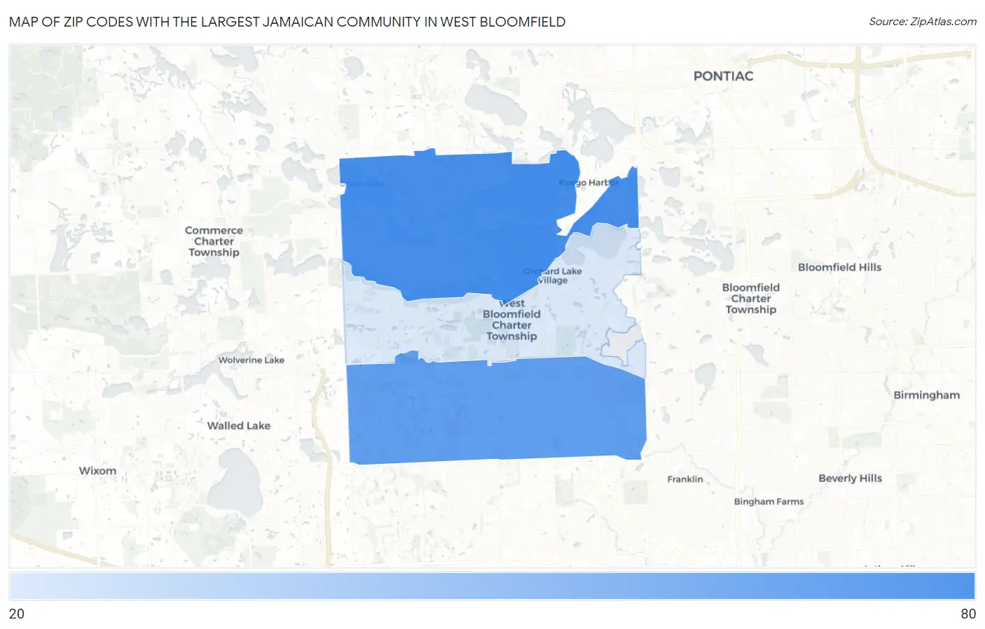 Zip Codes with the Largest Jamaican Community in West Bloomfield Map