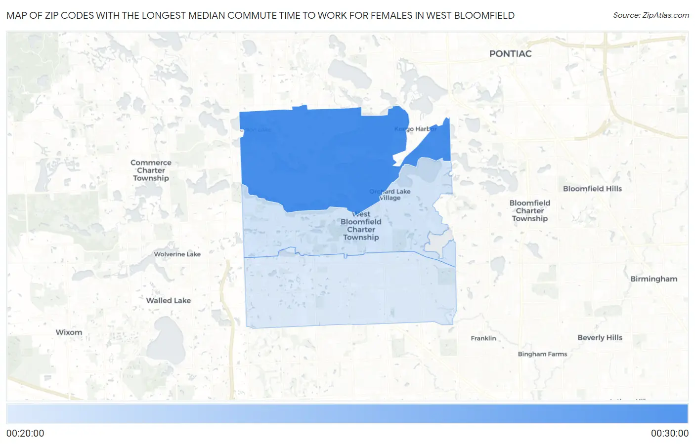 Zip Codes with the Longest Median Commute Time to Work for Females in West Bloomfield Map