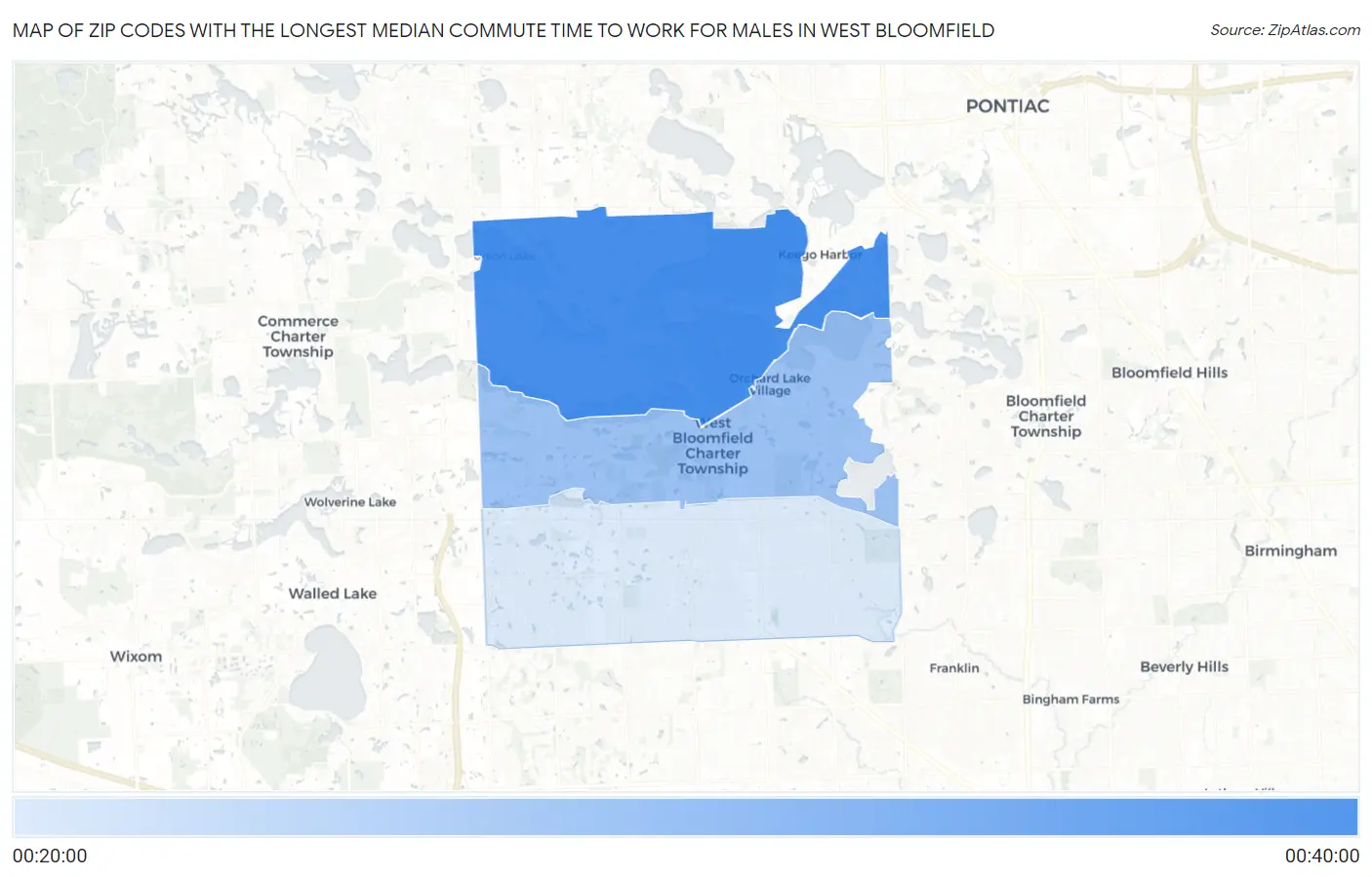 Zip Codes with the Longest Median Commute Time to Work for Males in West Bloomfield Map