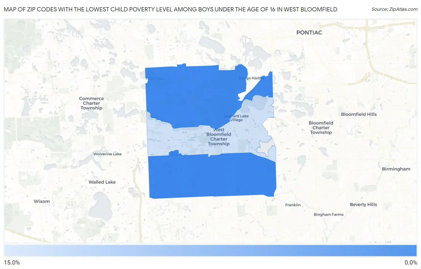 Zip Codes with the Lowest Child Poverty Level Among Boys Under the Age of 16 in West Bloomfield Map