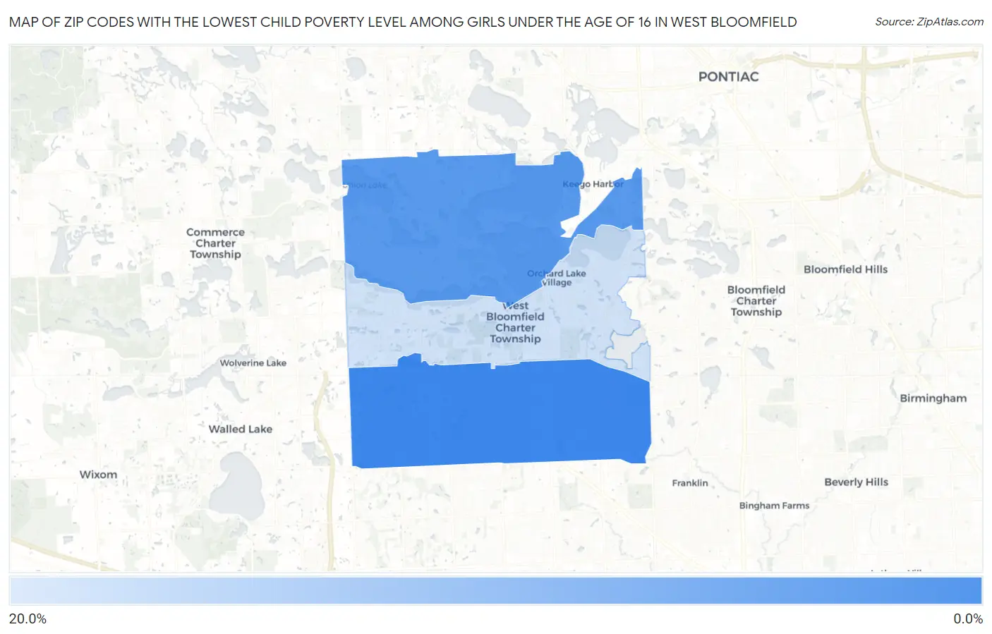Zip Codes with the Lowest Child Poverty Level Among Girls Under the Age of 16 in West Bloomfield Map