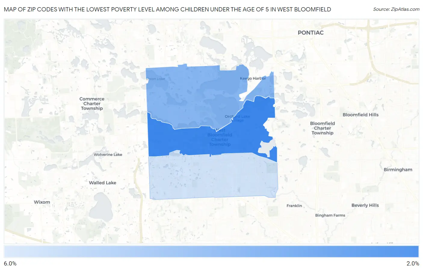 Zip Codes with the Lowest Poverty Level Among Children Under the Age of 5 in West Bloomfield Map
