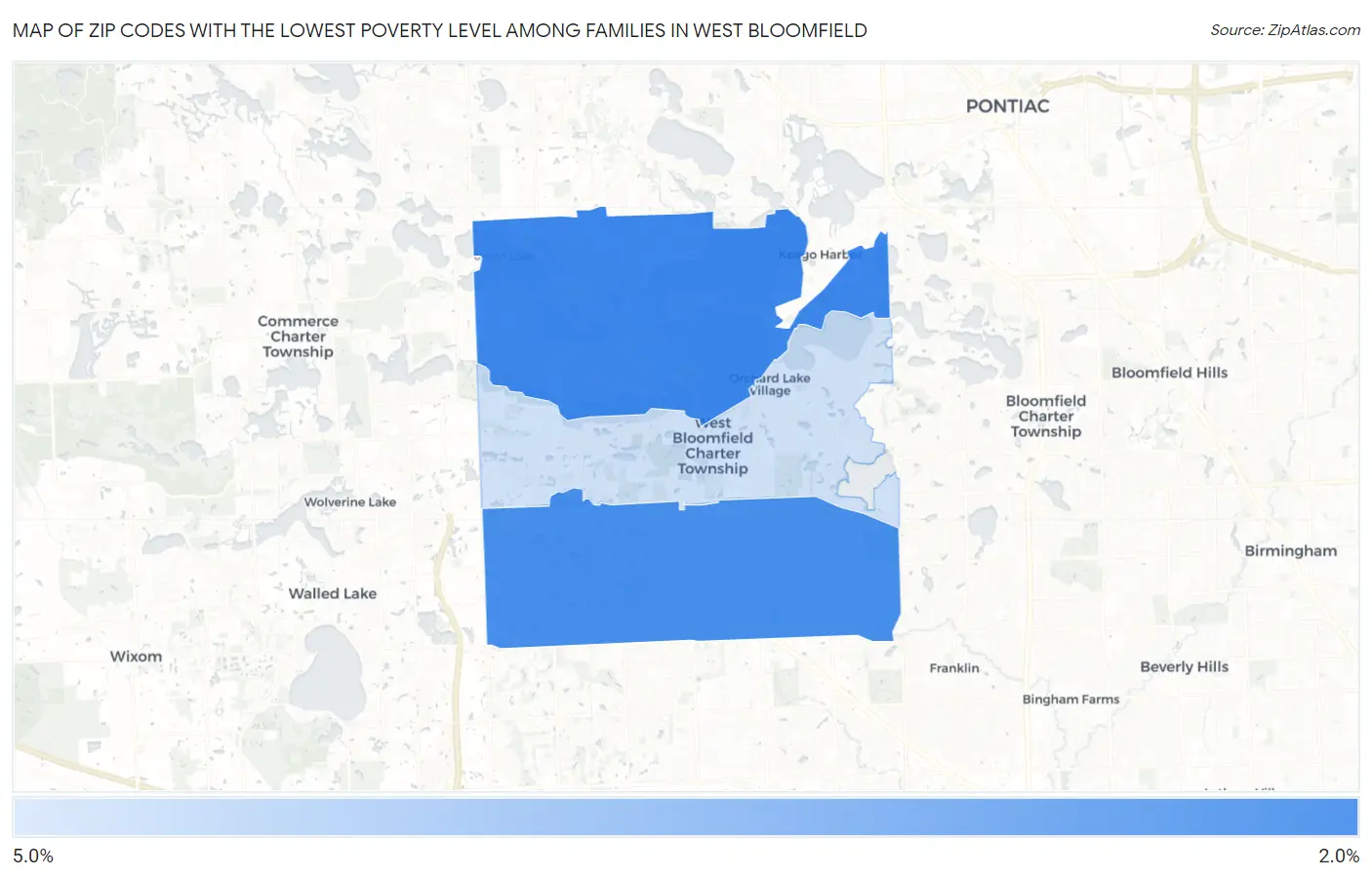 Zip Codes with the Lowest Poverty Level Among Families in West Bloomfield Map