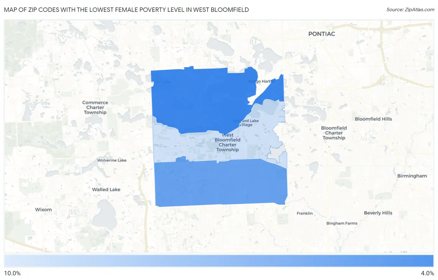 Zip Codes with the Lowest Female Poverty Level in West Bloomfield Map