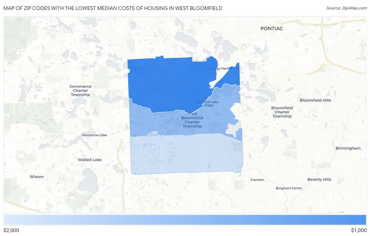 Zip Codes with the Lowest Median Costs of Housing in West Bloomfield Map