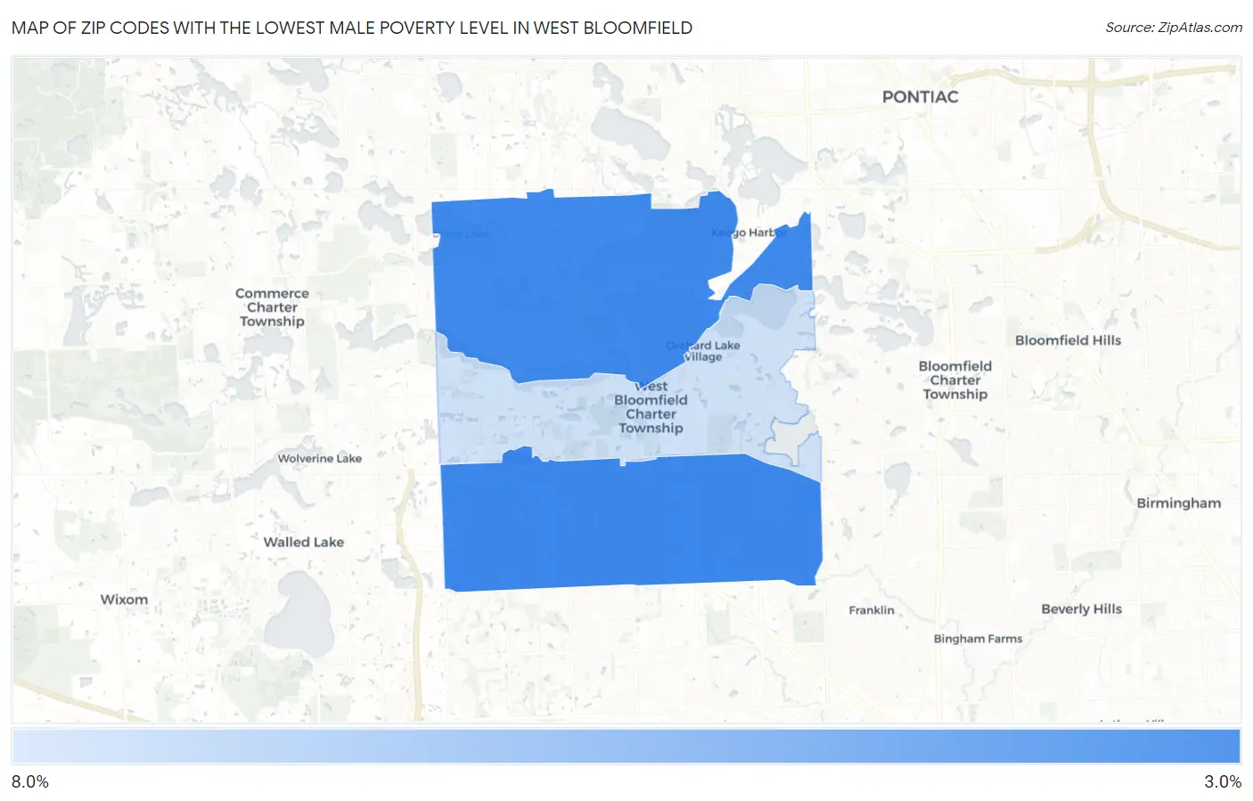 Zip Codes with the Lowest Male Poverty Level in West Bloomfield Map