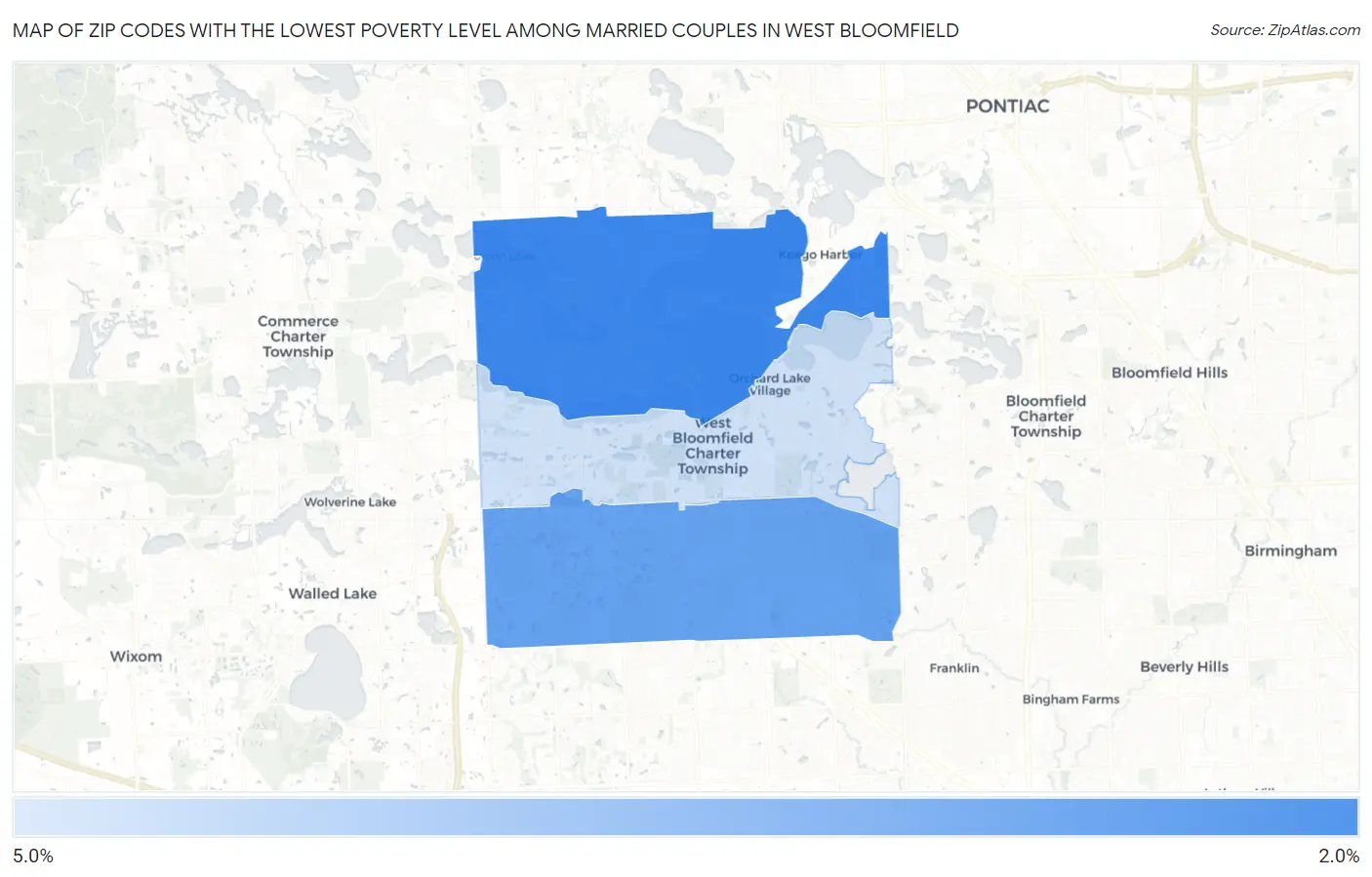 Zip Codes with the Lowest Poverty Level Among Married Couples in West Bloomfield Map