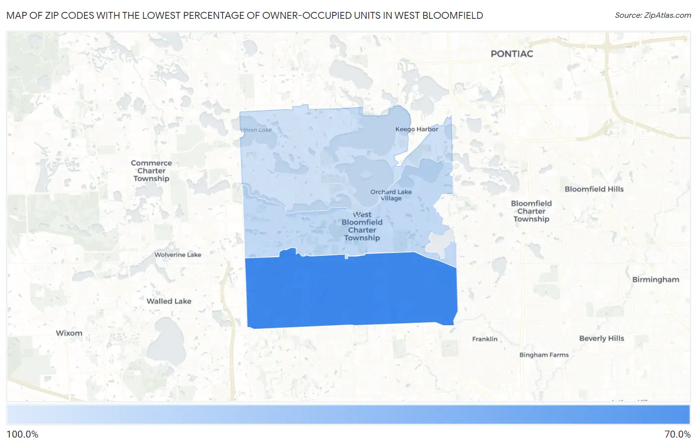 Zip Codes with the Lowest Percentage of Owner-Occupied Units in West Bloomfield Map