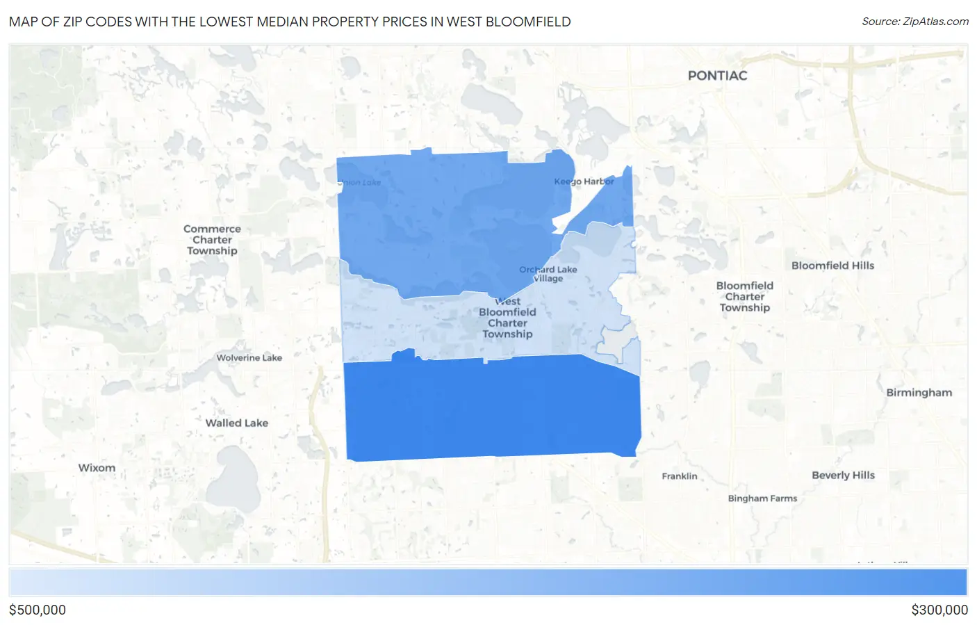 Zip Codes with the Lowest Median Property Prices in West Bloomfield Map