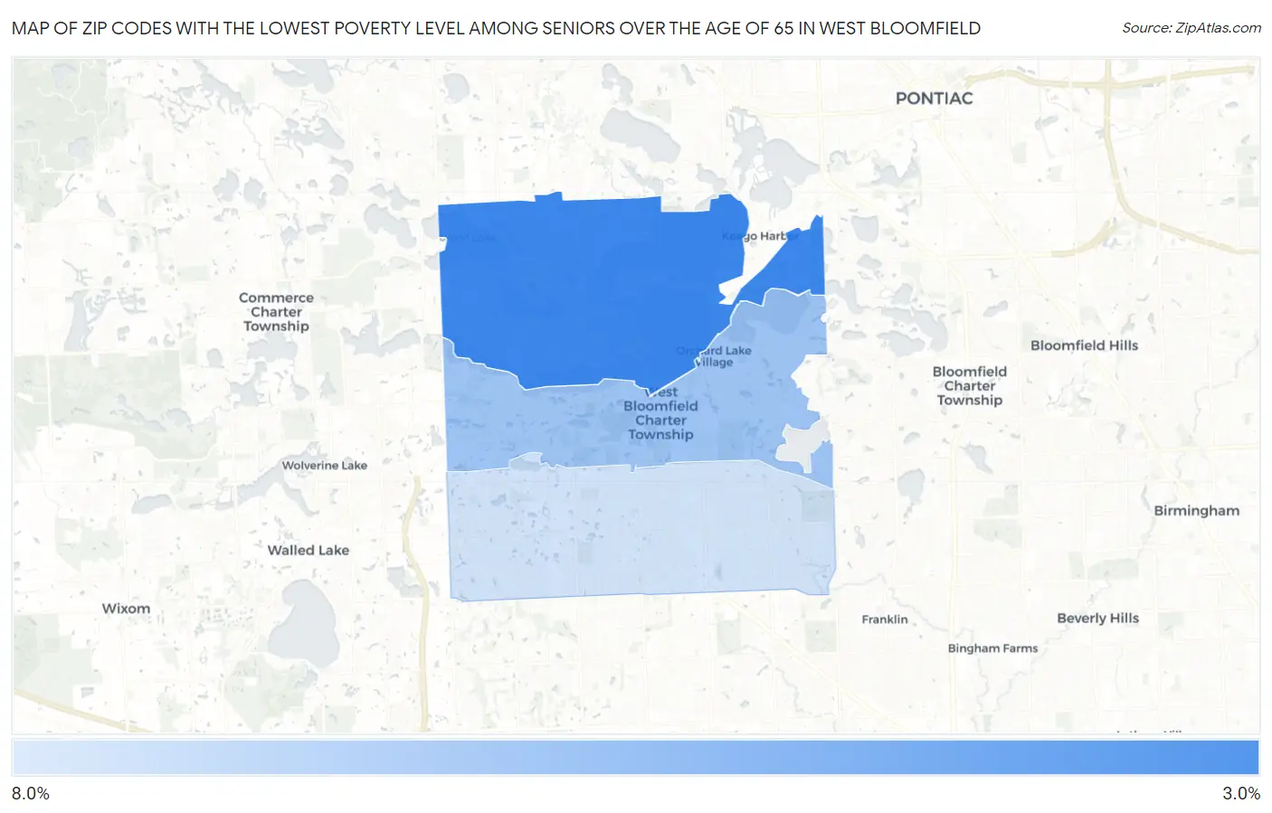 Zip Codes with the Lowest Poverty Level Among Seniors Over the Age of 65 in West Bloomfield Map