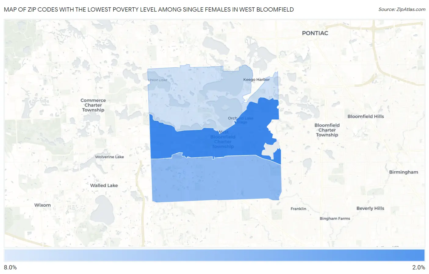 Zip Codes with the Lowest Poverty Level Among Single Females in West Bloomfield Map