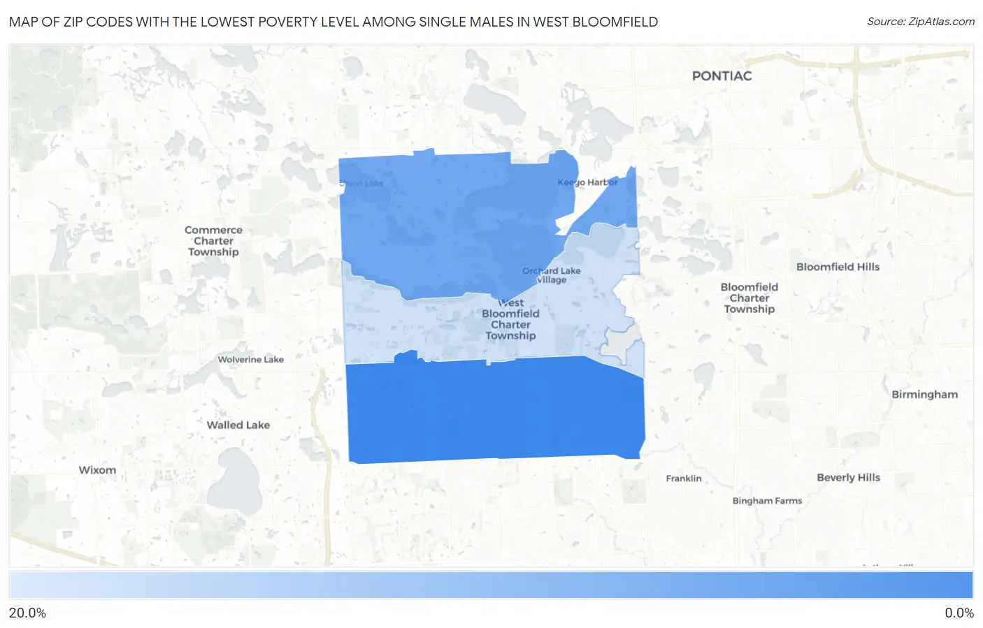 Zip Codes with the Lowest Poverty Level Among Single Males in West Bloomfield Map