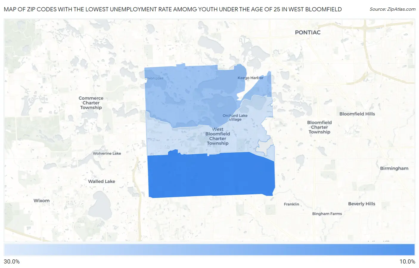 Zip Codes with the Lowest Unemployment Rate Amomg Youth Under the Age of 25 in West Bloomfield Map
