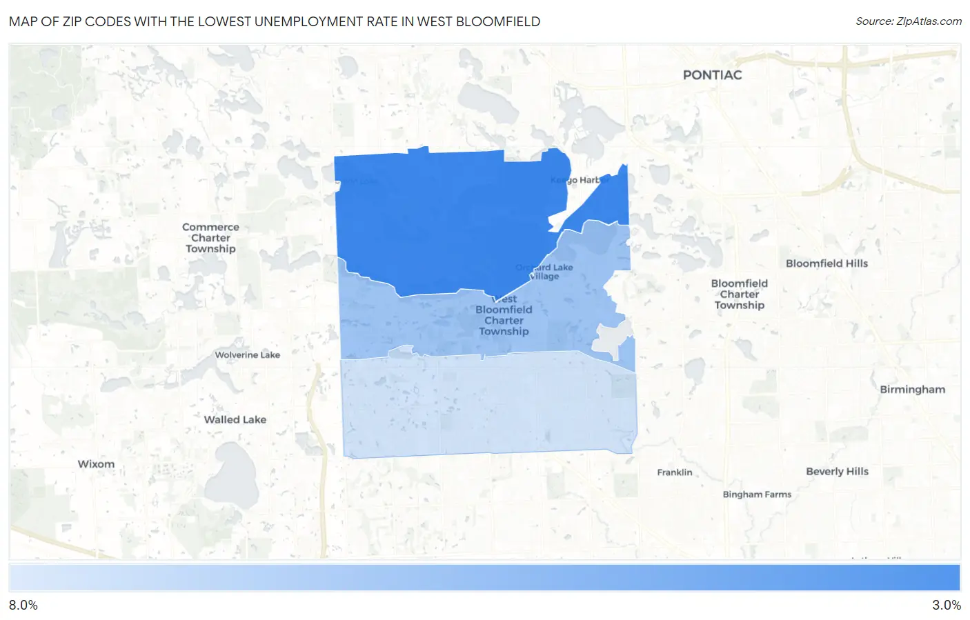 Zip Codes with the Lowest Unemployment Rate in West Bloomfield Map