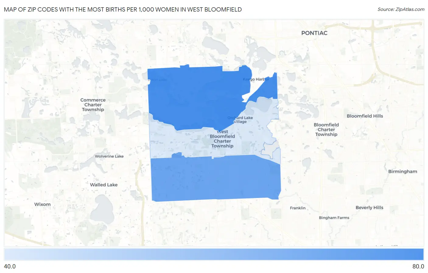 Zip Codes with the Most Births per 1,000 Women in West Bloomfield Map