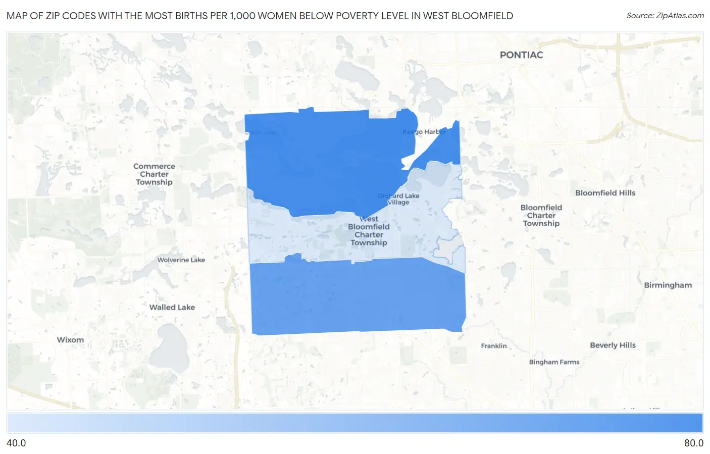 Zip Codes with the Most Births per 1,000 Women Below Poverty Level in West Bloomfield Map