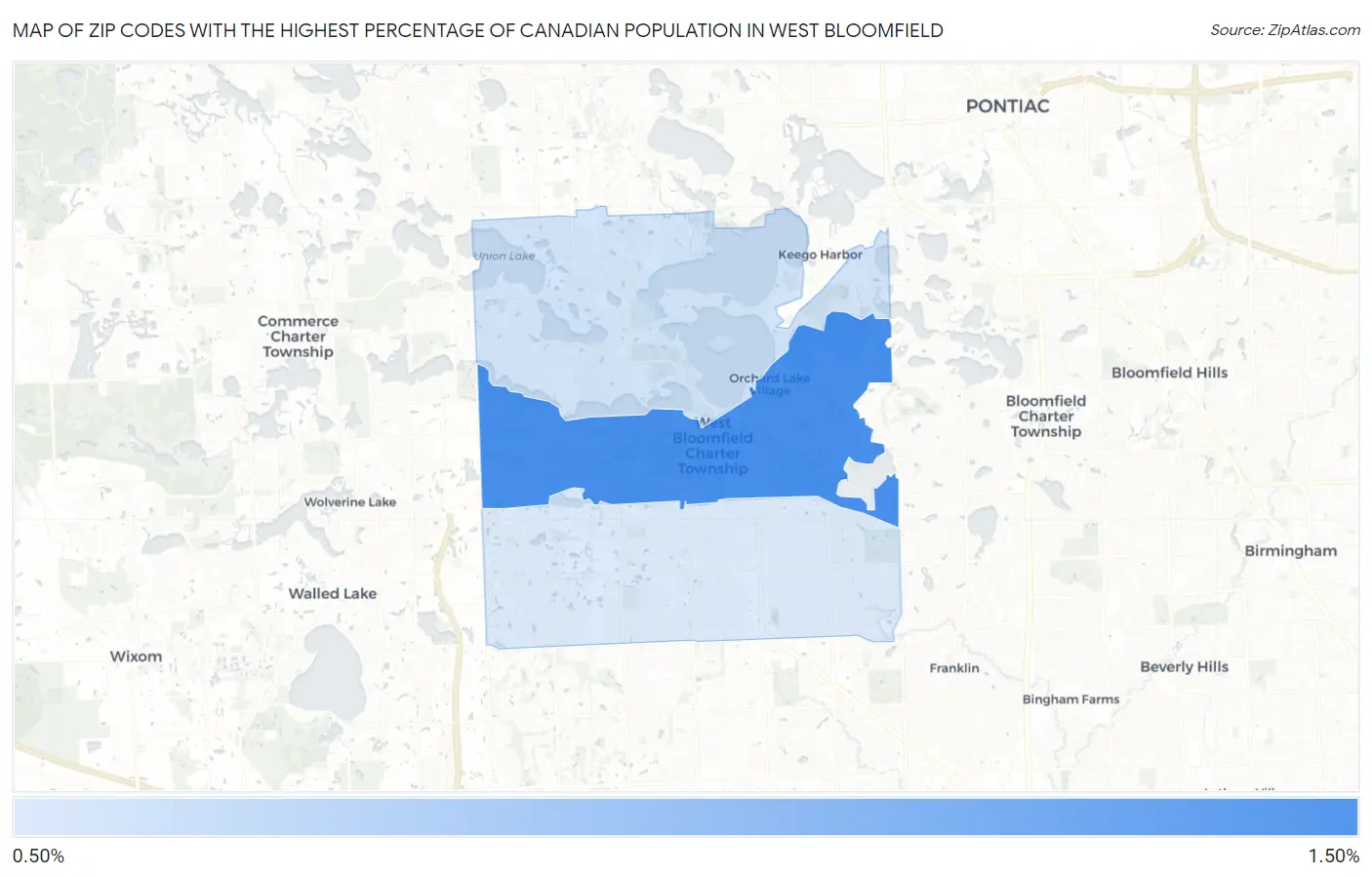 Zip Codes with the Highest Percentage of Canadian Population in West Bloomfield Map