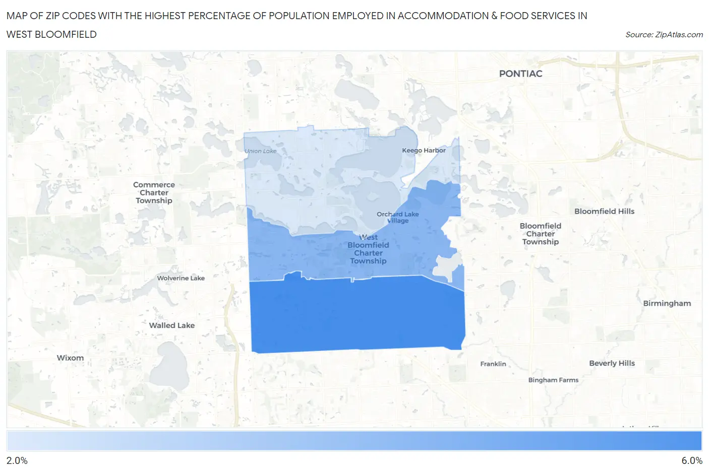 Zip Codes with the Highest Percentage of Population Employed in Accommodation & Food Services in West Bloomfield Map