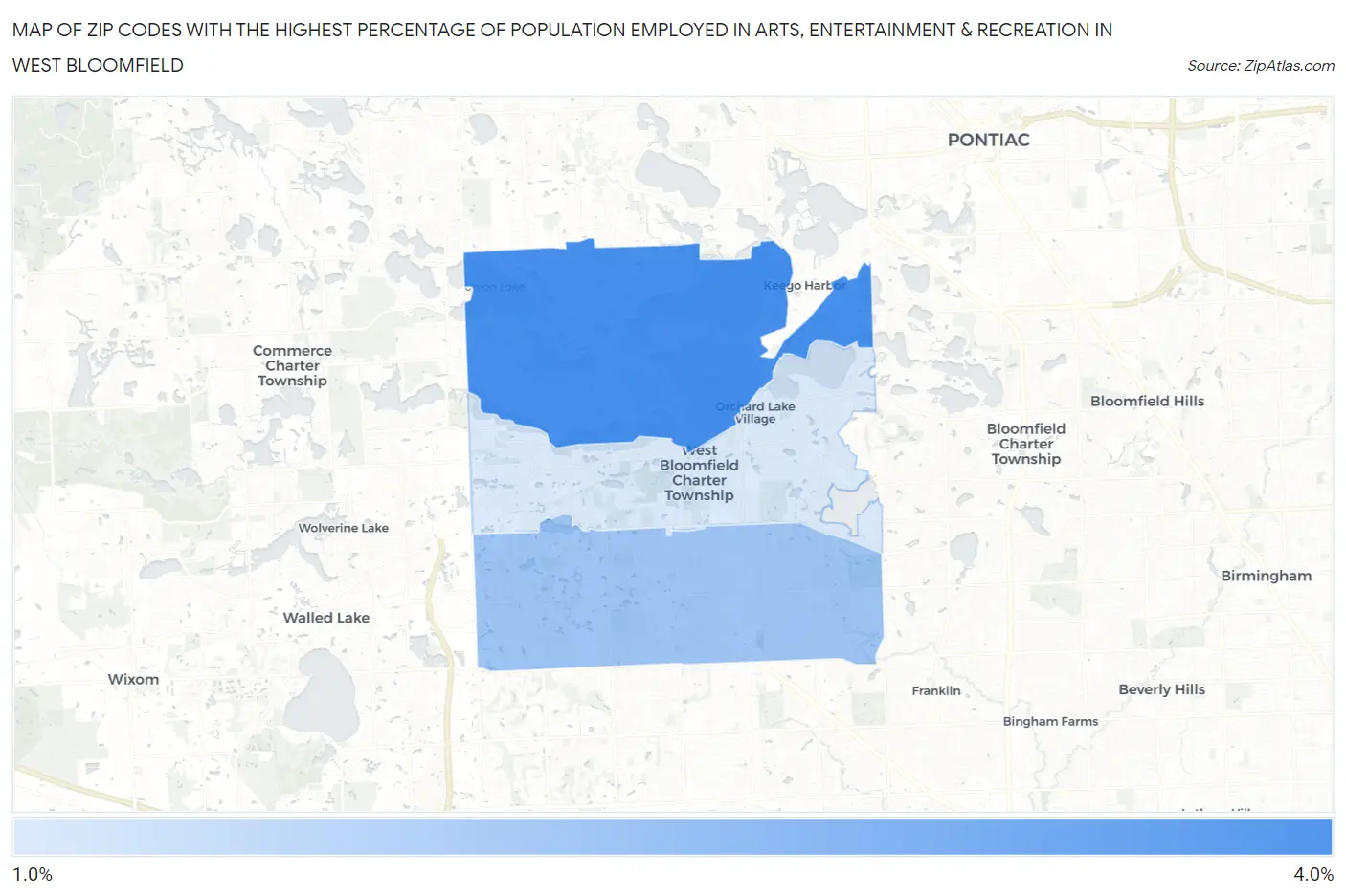 Zip Codes with the Highest Percentage of Population Employed in Arts, Entertainment & Recreation in West Bloomfield Map