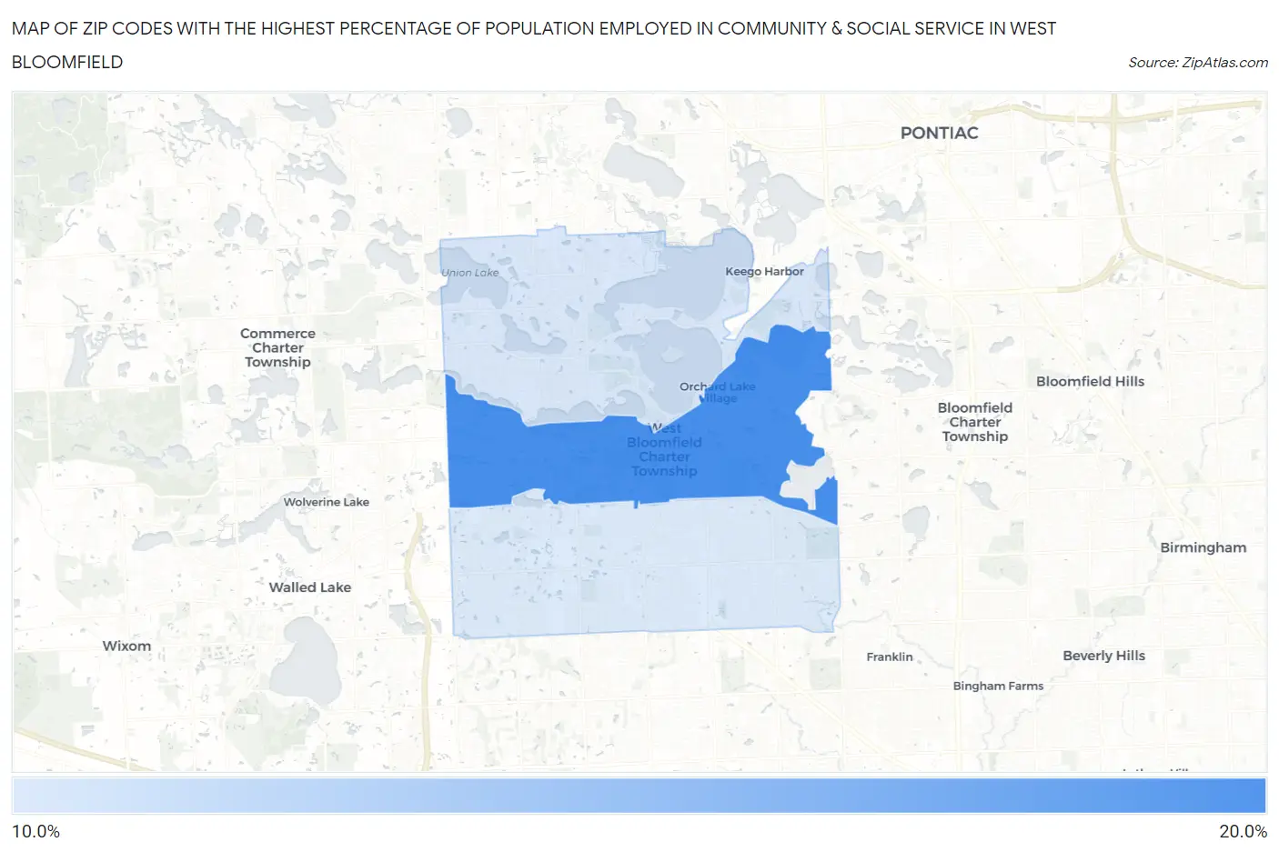 Zip Codes with the Highest Percentage of Population Employed in Community & Social Service  in West Bloomfield Map