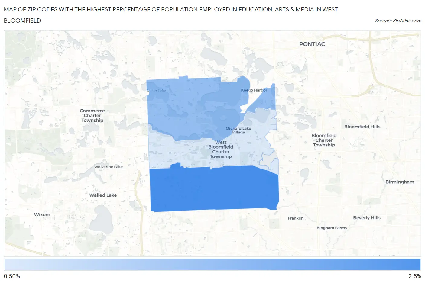 Zip Codes with the Highest Percentage of Population Employed in Education, Arts & Media in West Bloomfield Map