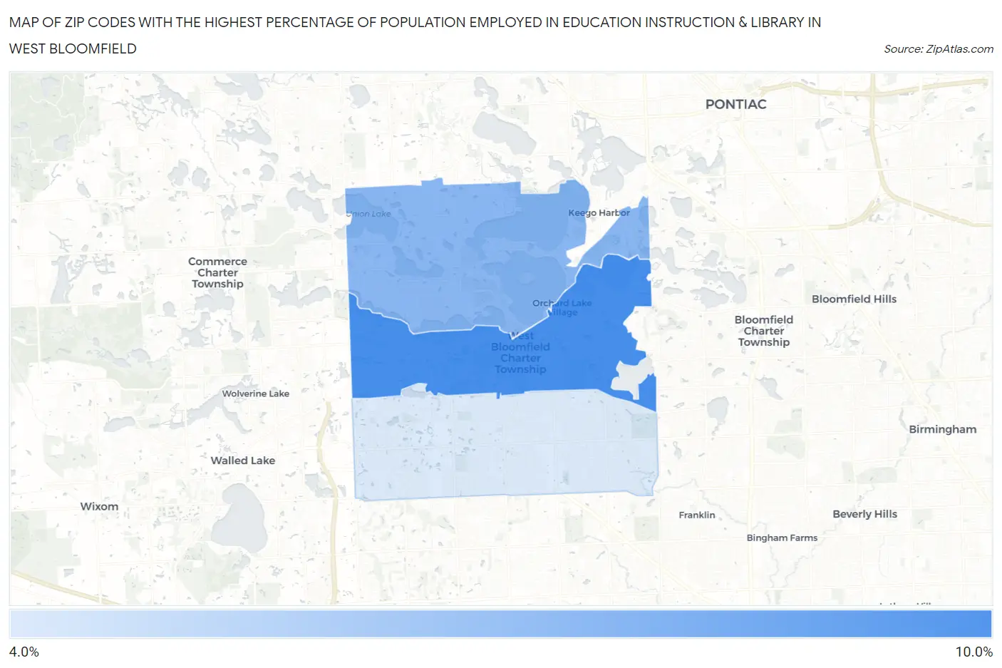 Zip Codes with the Highest Percentage of Population Employed in Education Instruction & Library in West Bloomfield Map