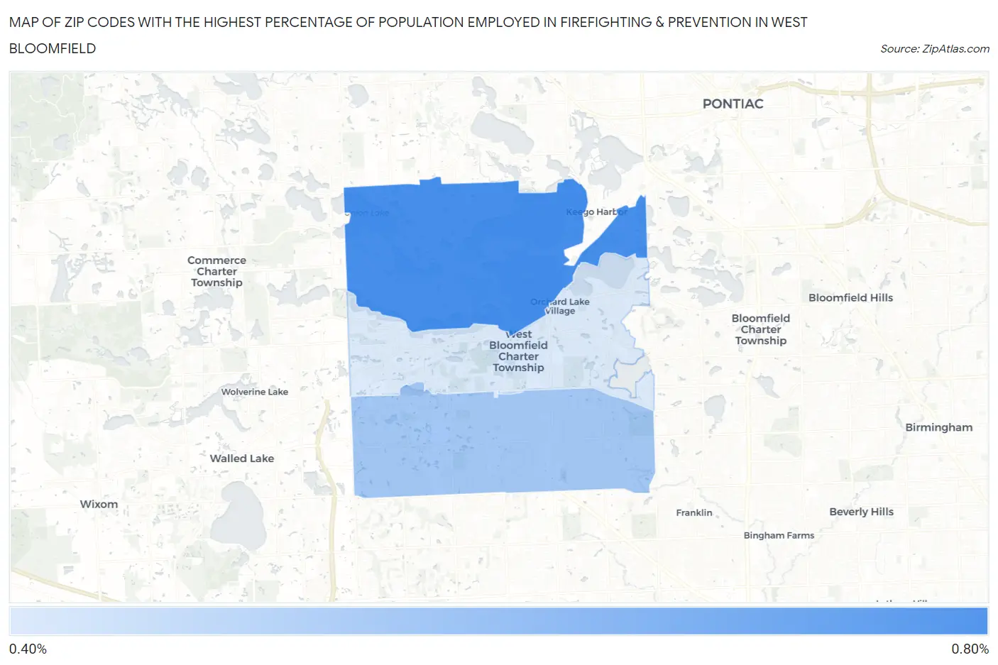 Zip Codes with the Highest Percentage of Population Employed in Firefighting & Prevention in West Bloomfield Map