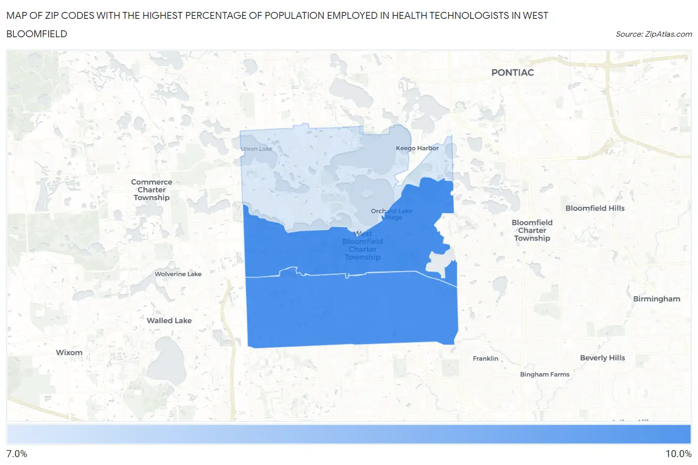 Zip Codes with the Highest Percentage of Population Employed in Health Technologists in West Bloomfield Map