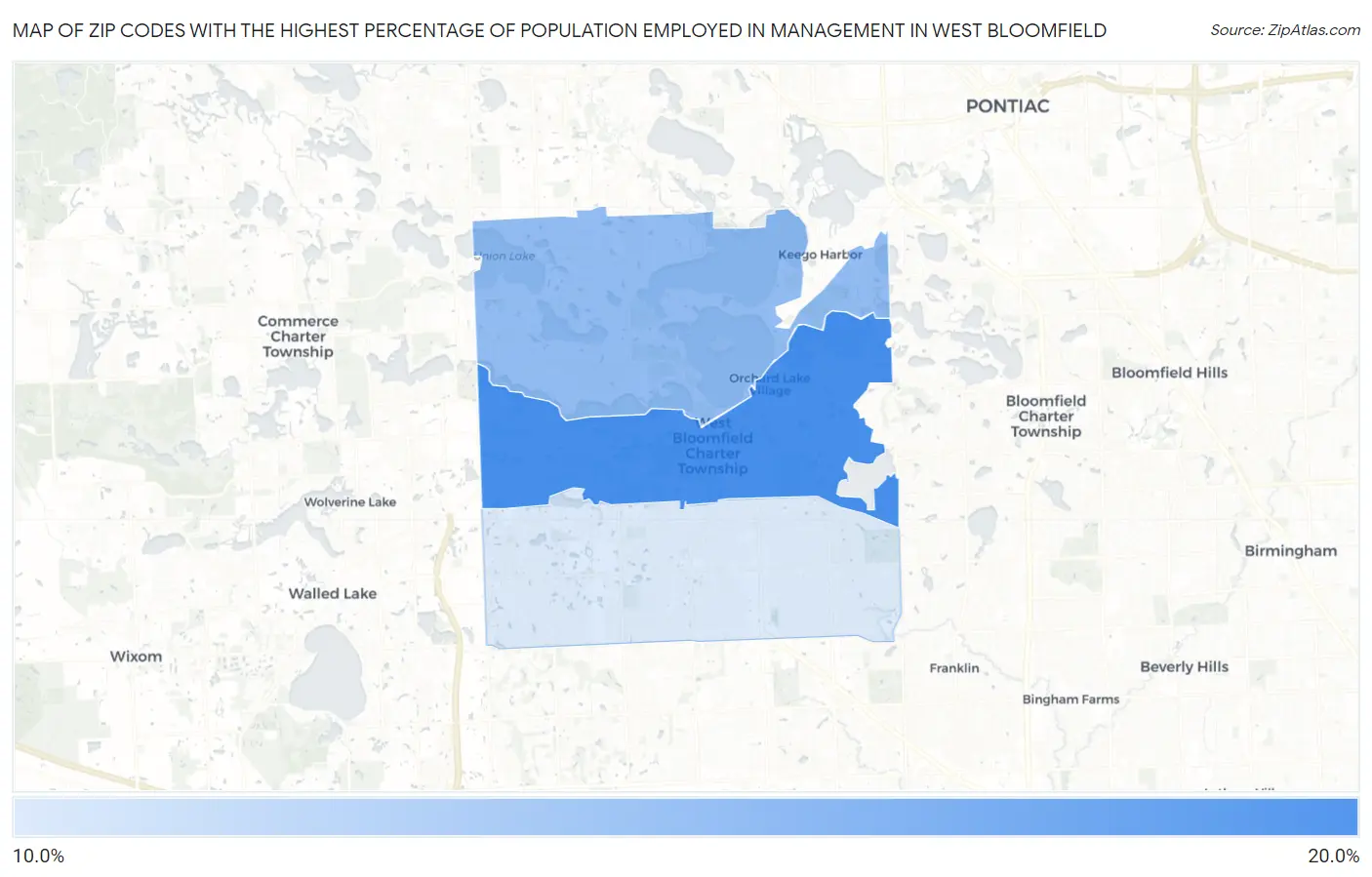 Zip Codes with the Highest Percentage of Population Employed in Management in West Bloomfield Map