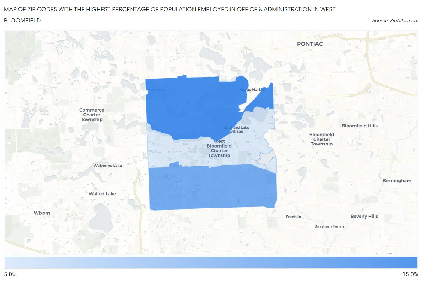 Zip Codes with the Highest Percentage of Population Employed in Office & Administration in West Bloomfield Map