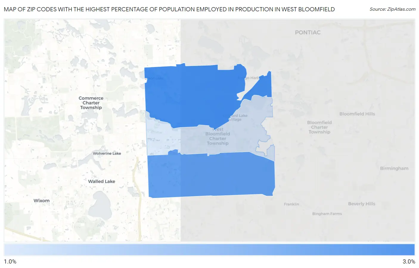 Zip Codes with the Highest Percentage of Population Employed in Production in West Bloomfield Map