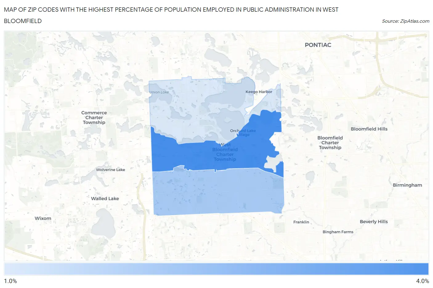 Zip Codes with the Highest Percentage of Population Employed in Public Administration in West Bloomfield Map