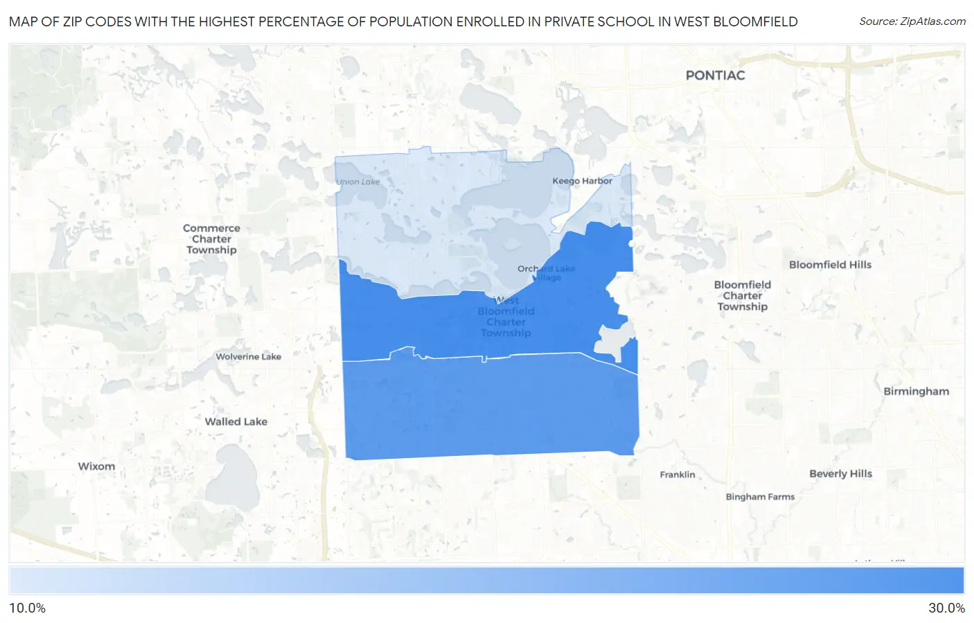 Zip Codes with the Highest Percentage of Population Enrolled in Private School in West Bloomfield Map