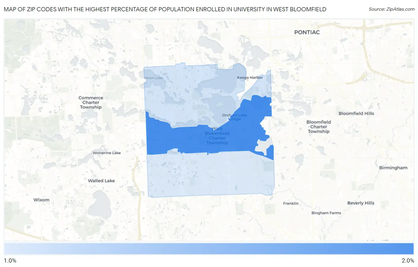 Zip Codes with the Highest Percentage of Population Enrolled in University in West Bloomfield Map