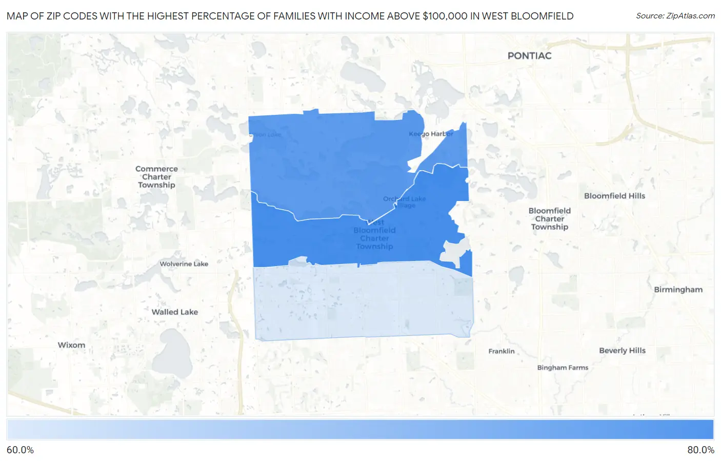 Zip Codes with the Highest Percentage of Families with Income Above $100,000 in West Bloomfield Map
