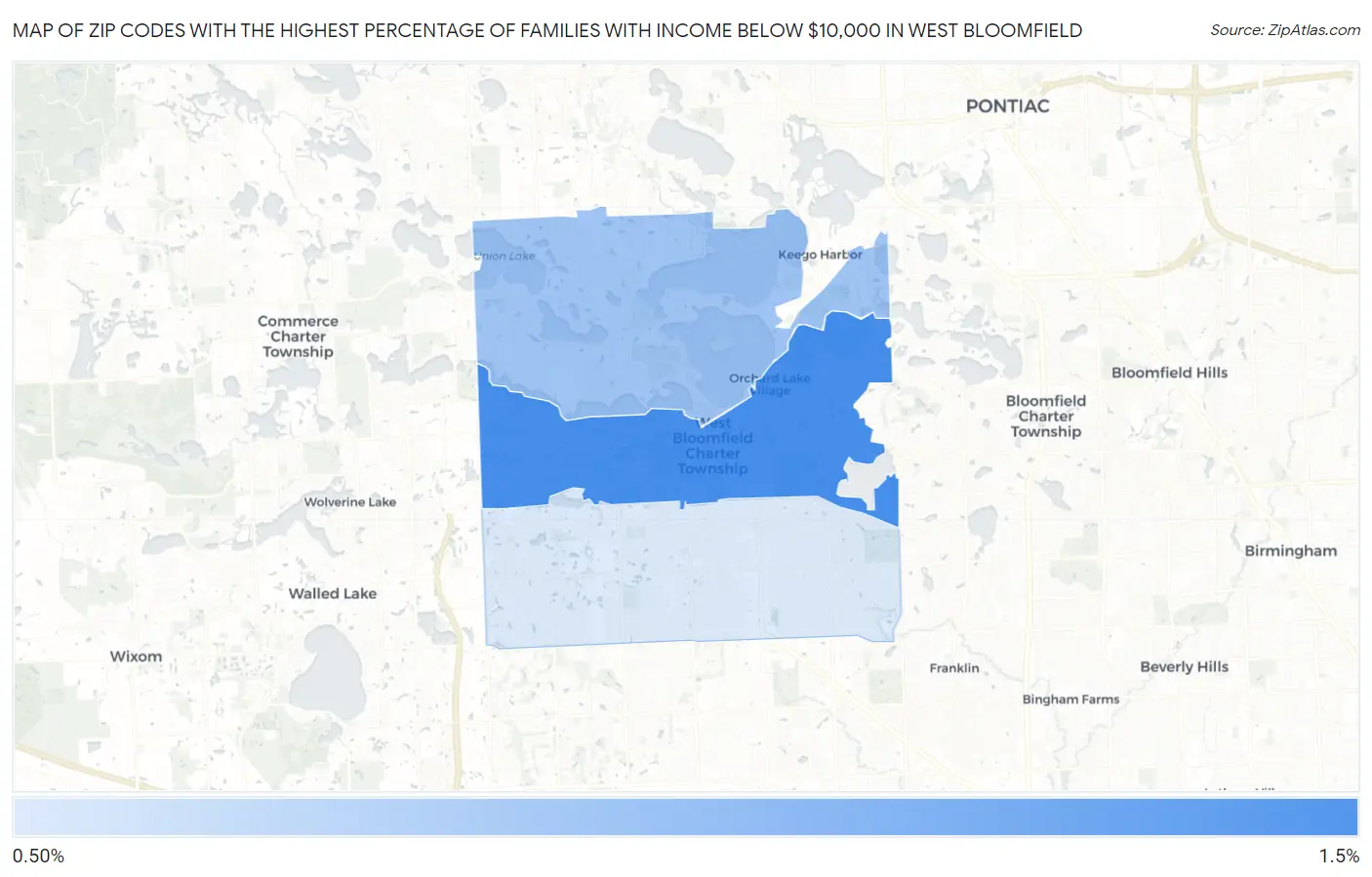 Zip Codes with the Highest Percentage of Families with Income Below $10,000 in West Bloomfield Map