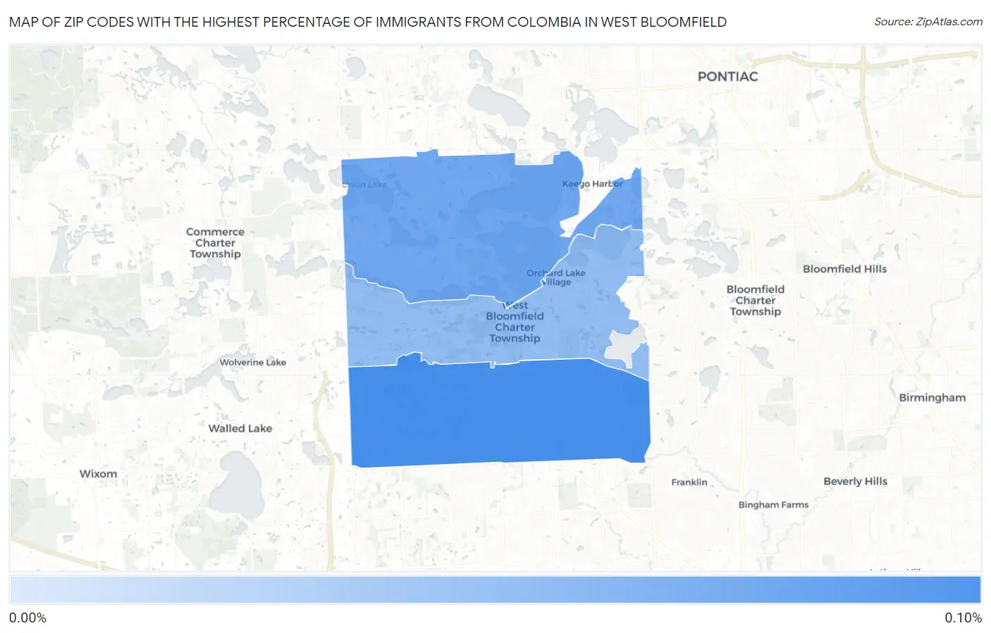 Zip Codes with the Highest Percentage of Immigrants from Colombia in West Bloomfield Map