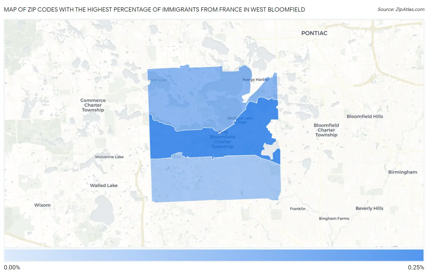Zip Codes with the Highest Percentage of Immigrants from France in West Bloomfield Map