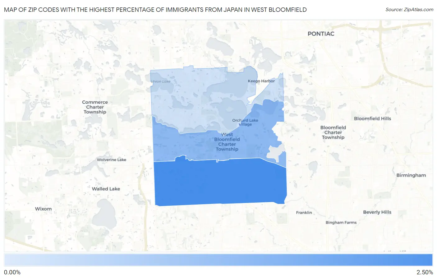 Zip Codes with the Highest Percentage of Immigrants from Japan in West Bloomfield Map