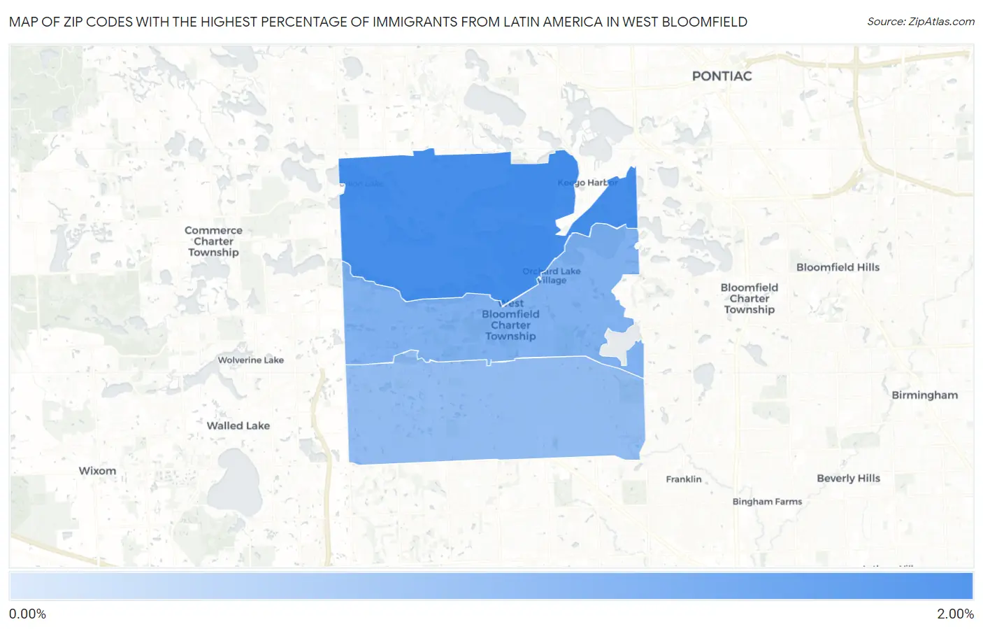 Zip Codes with the Highest Percentage of Immigrants from Latin America in West Bloomfield Map