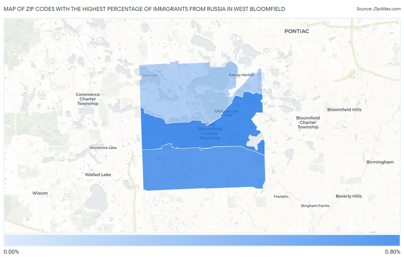 Zip Codes with the Highest Percentage of Immigrants from Russia in West Bloomfield Map