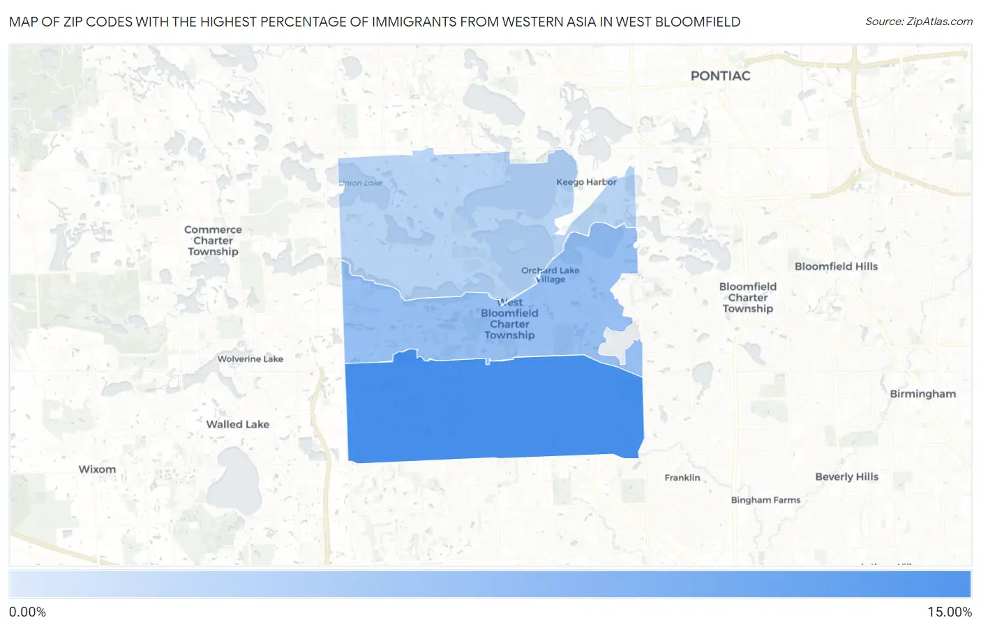 Zip Codes with the Highest Percentage of Immigrants from Western Asia in West Bloomfield Map