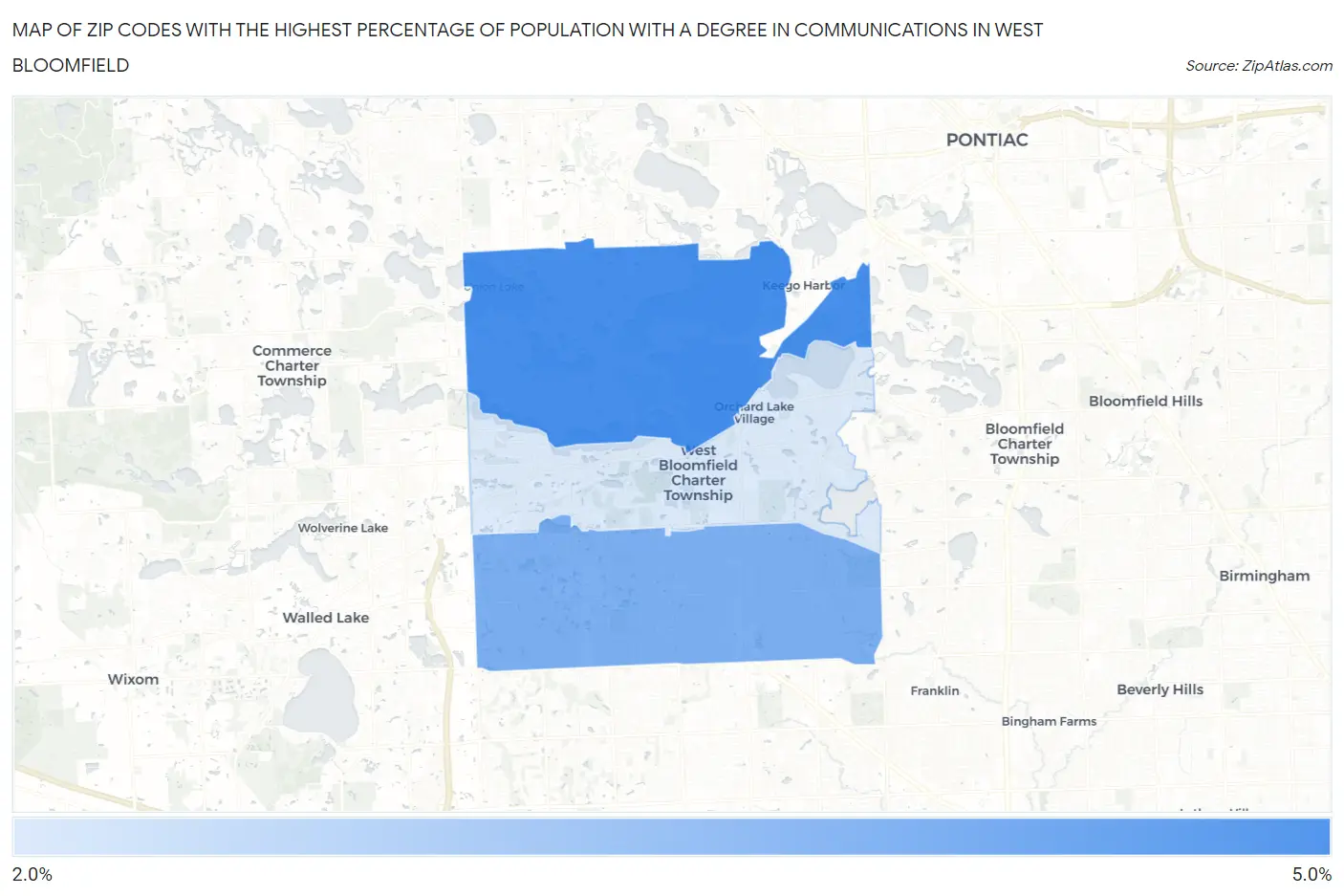 Zip Codes with the Highest Percentage of Population with a Degree in Communications in West Bloomfield Map