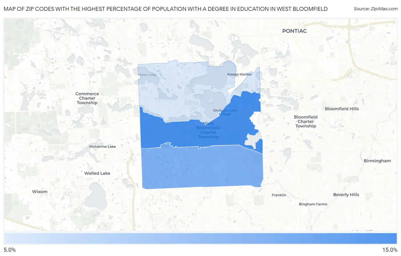 Zip Codes with the Highest Percentage of Population with a Degree in Education in West Bloomfield Map