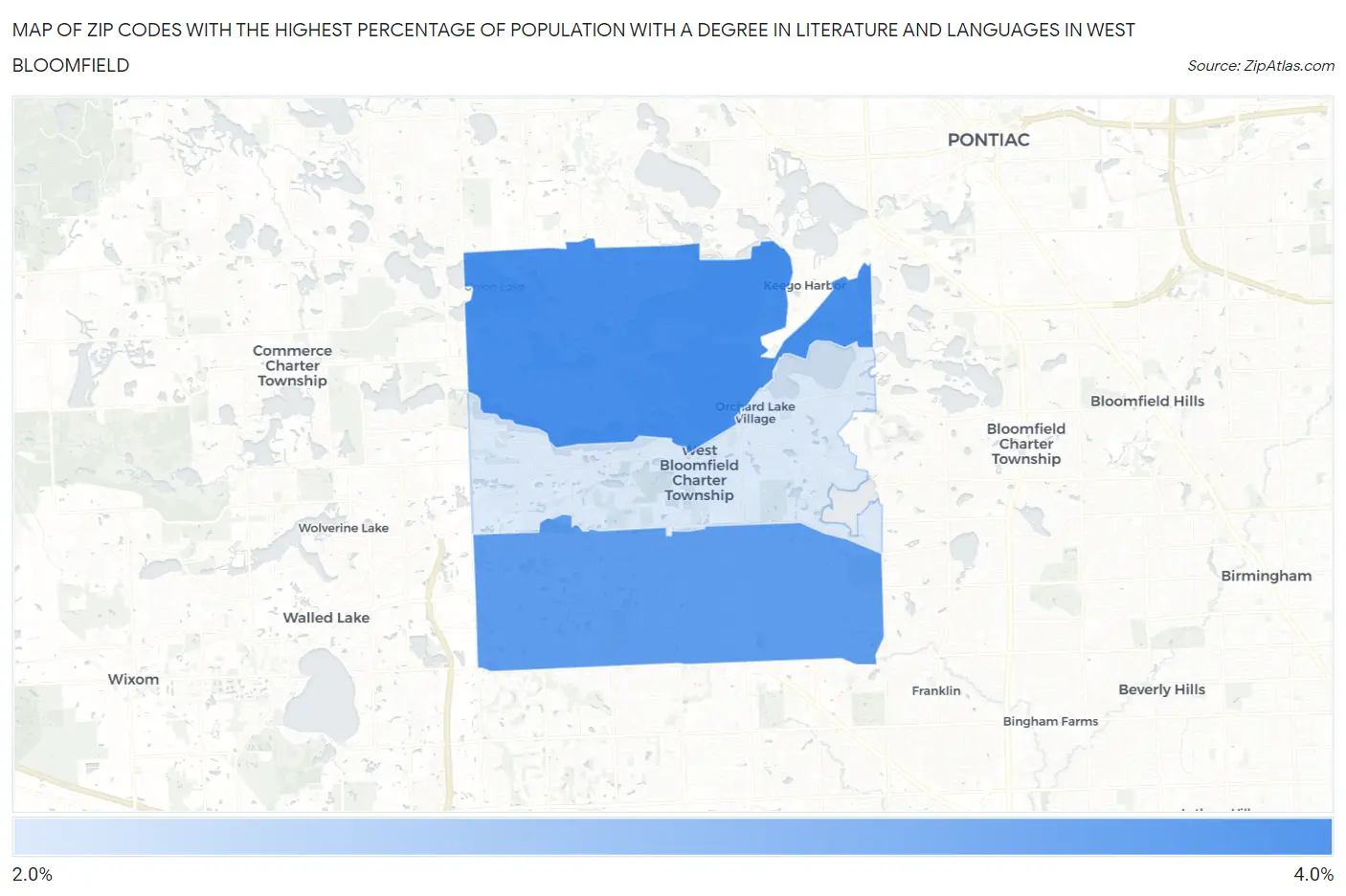 Zip Codes with the Highest Percentage of Population with a Degree in Literature and Languages in West Bloomfield Map