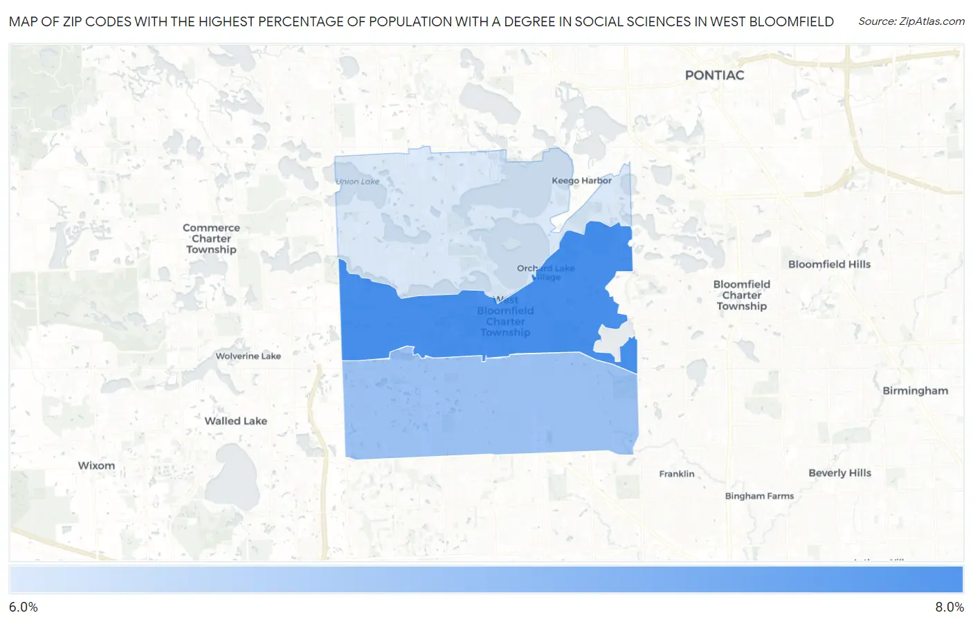Zip Codes with the Highest Percentage of Population with a Degree in Social Sciences in West Bloomfield Map