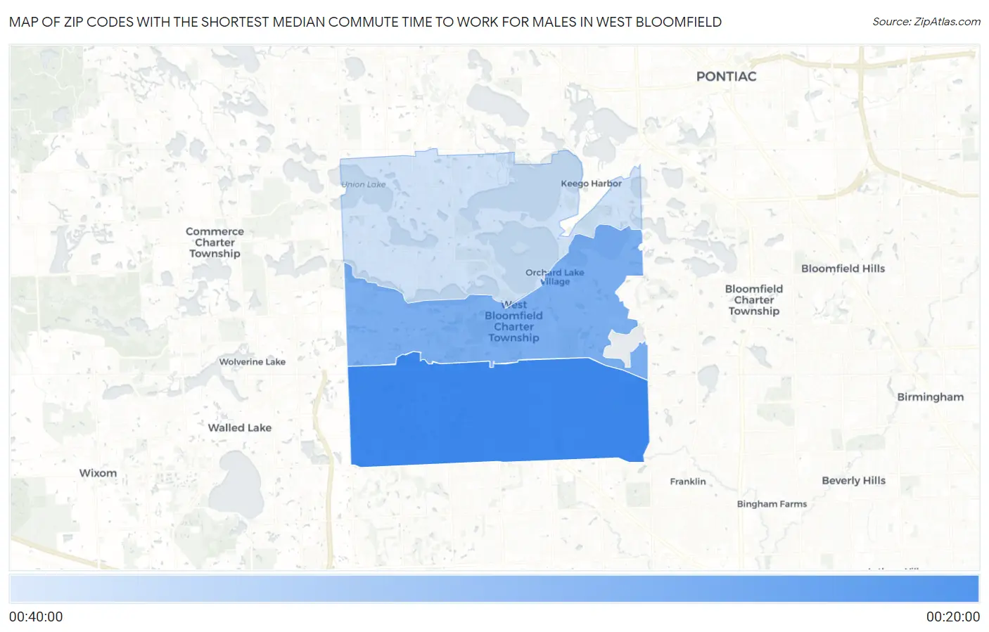Zip Codes with the Shortest Median Commute Time to Work for Males in West Bloomfield Map