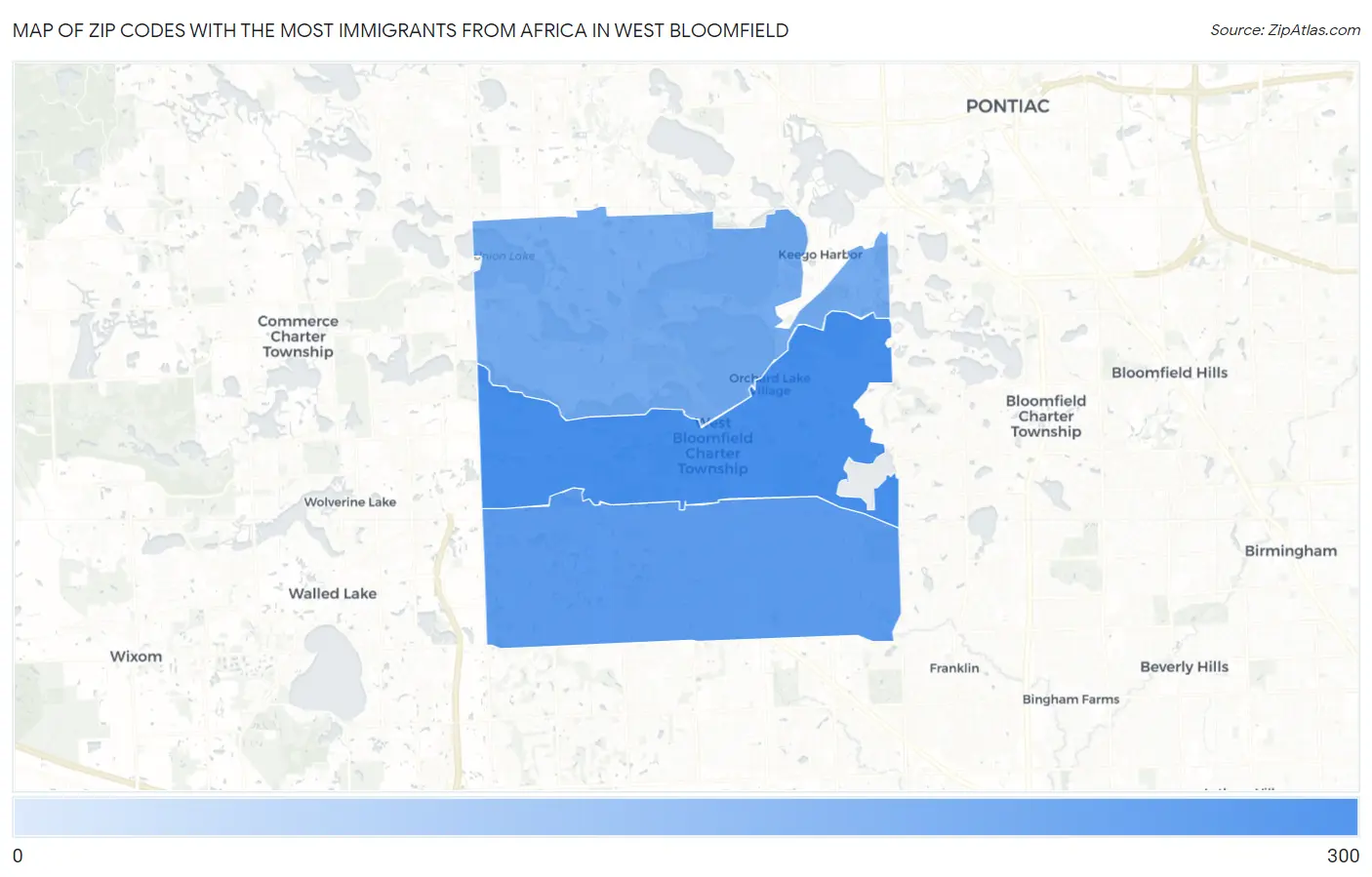 Zip Codes with the Most Immigrants from Africa in West Bloomfield Map
